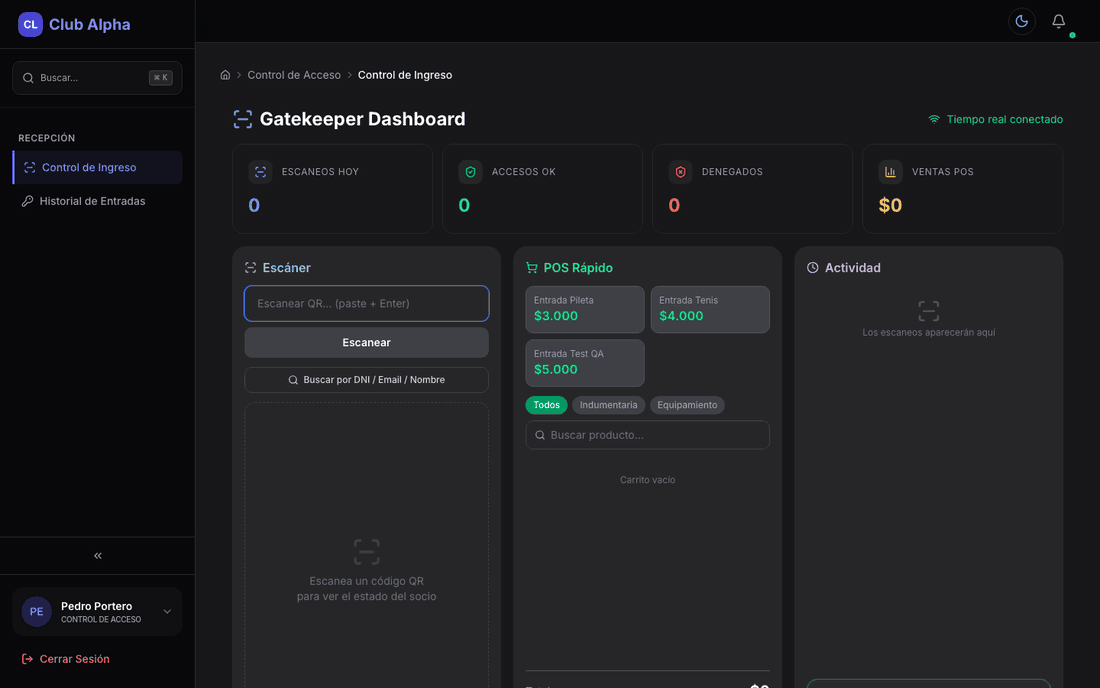 Gatekeeper Dashboard en Club Pulse con el escáner QR, POS rápido y actividad en tiempo real.