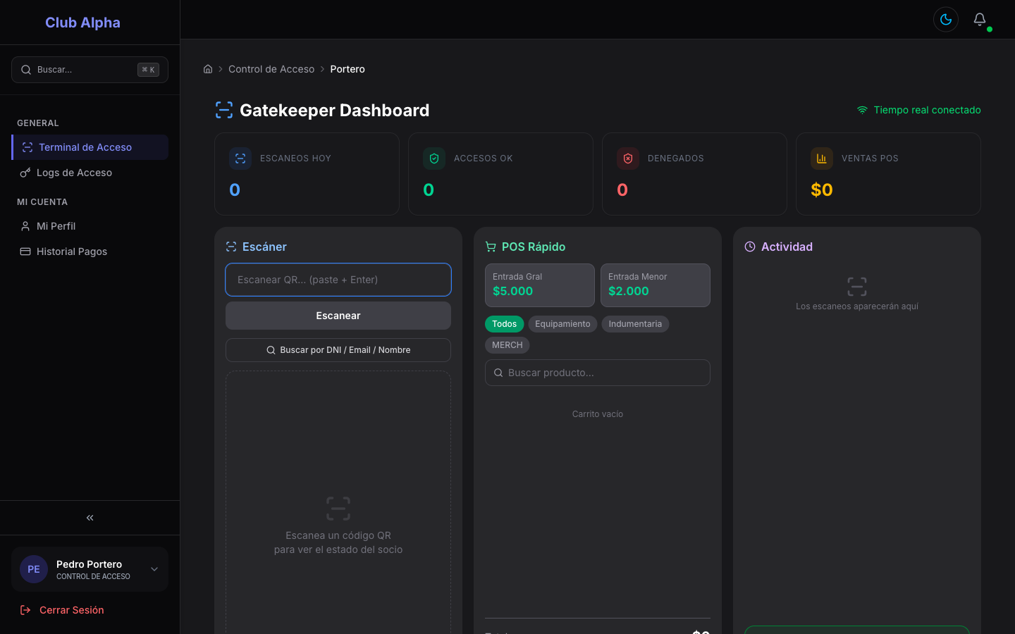 Gatekeeper Dashboard en Club Pulse con el escáner QR, POS rápido y actividad en tiempo real.