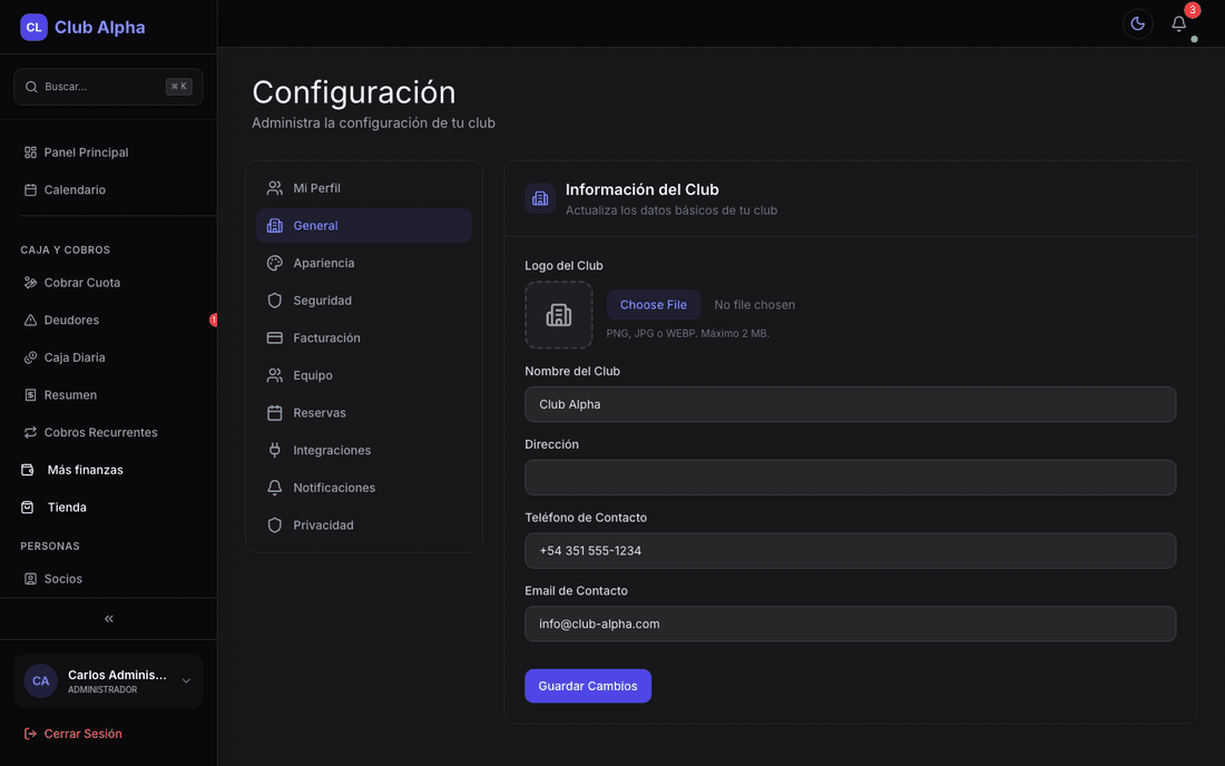 Ajustes del club en Club Pulse.