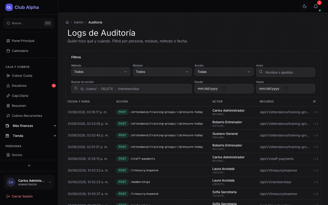 Logs de auditoría en Club Pulse con filtros por actor, módulo y fecha.