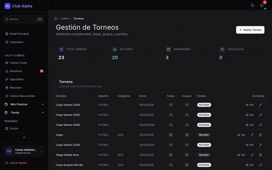 Panel de campeonatos de Club Pulse con los torneos activos y pasados del club.