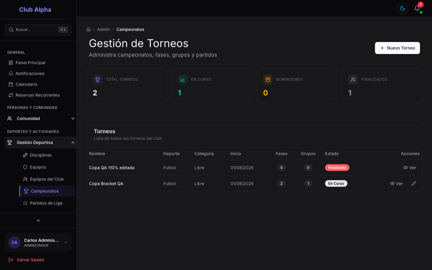 Panel de campeonatos de Club Pulse con los torneos activos y pasados del club.