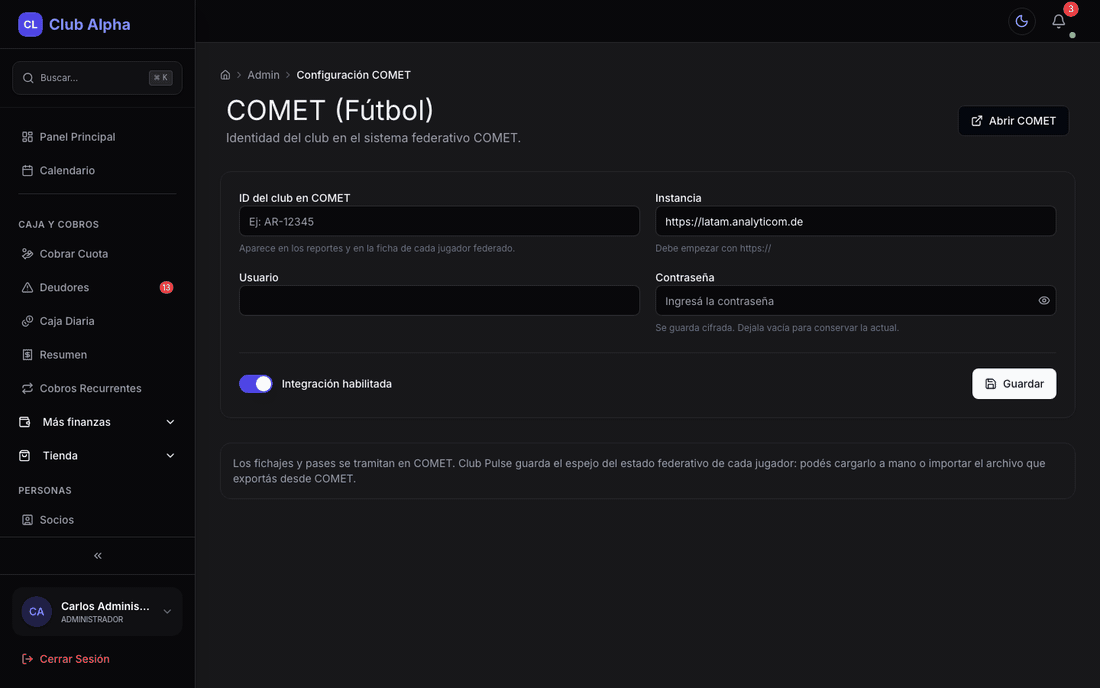 Configuración COMET en Club Pulse para fútbol federado.