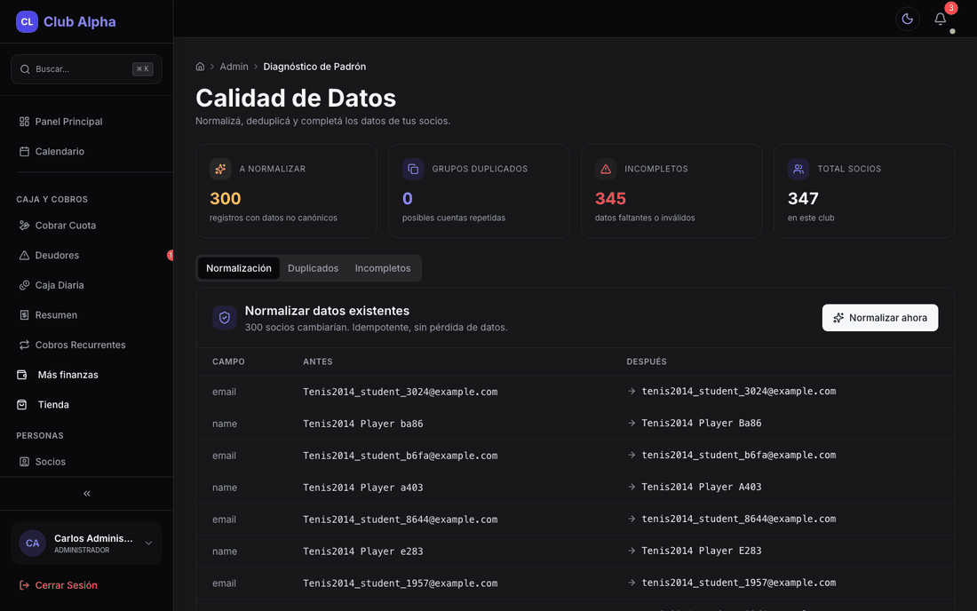 Diagnóstico de padrón en Club Pulse con calidad de datos.