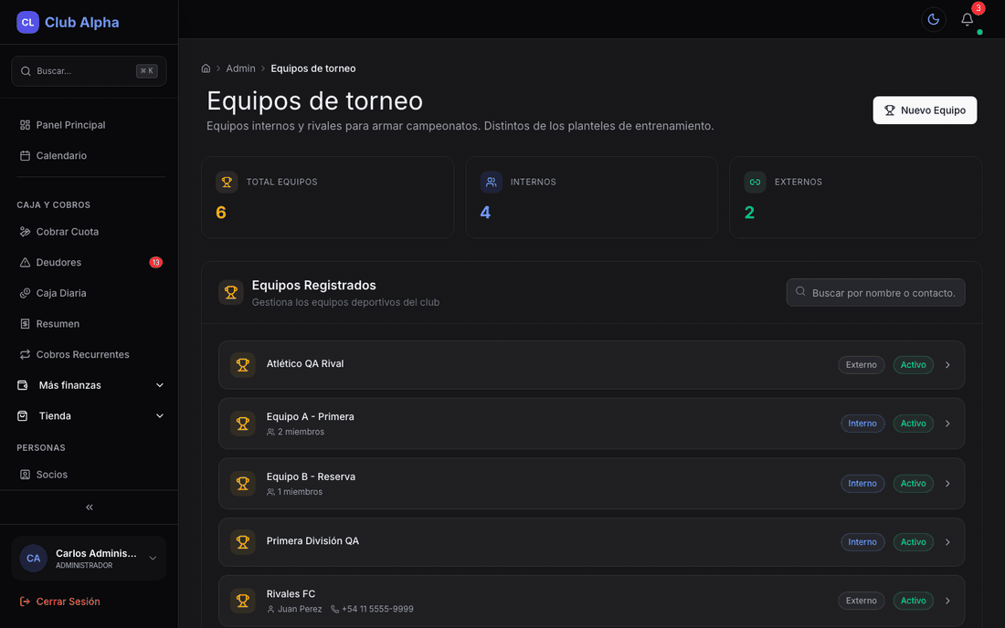 Equipos de torneo en Club Pulse con inscripciones a campeonatos.