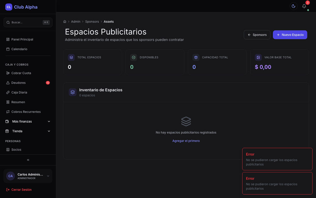 Espacios publicitarios en Club Pulse con ubicaciones y precios de sponsors.