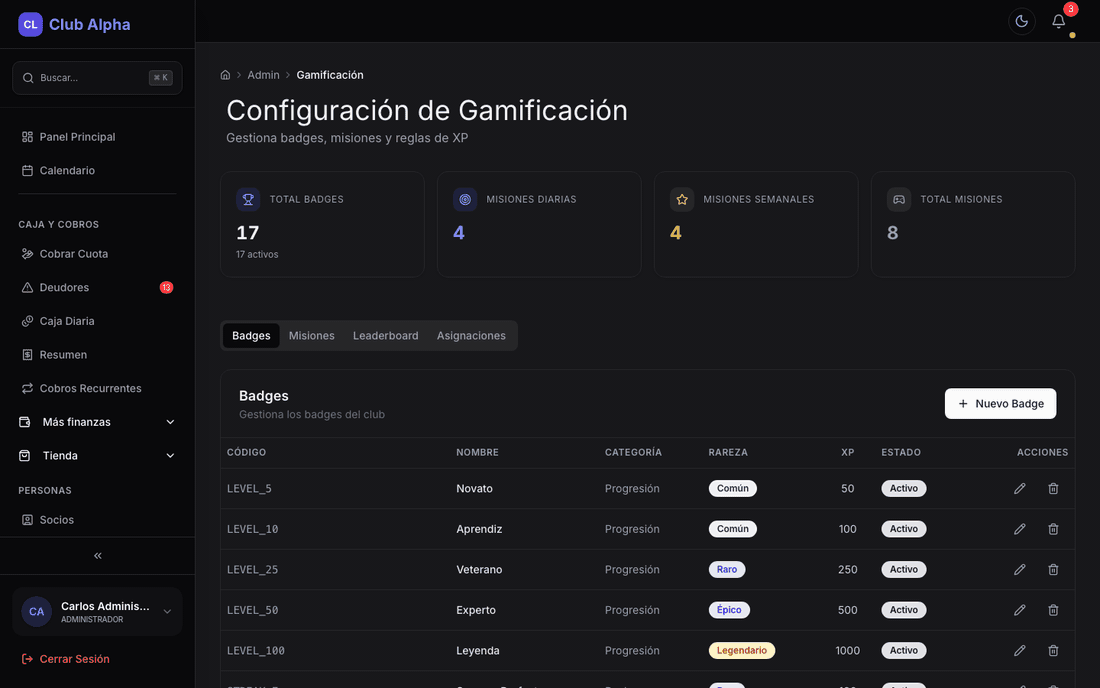 Configuración de gamificación en Club Pulse con reglas de XP y recompensas.