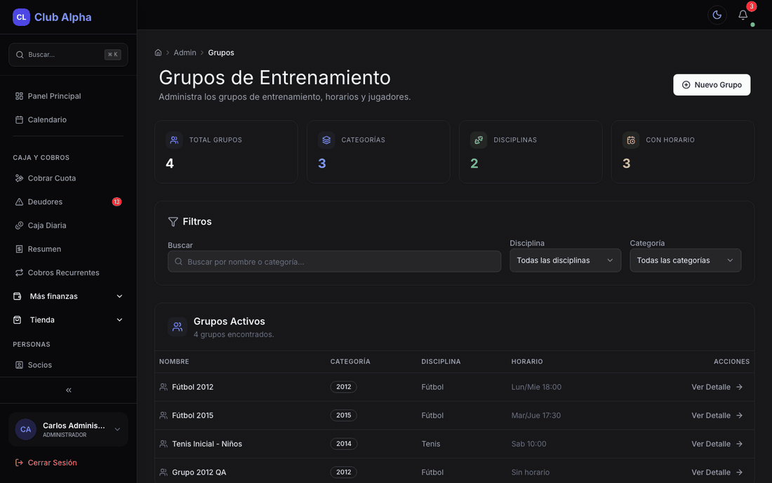 Grupos de entrenamiento en Club Pulse con disciplinas, categorías y alumnos.