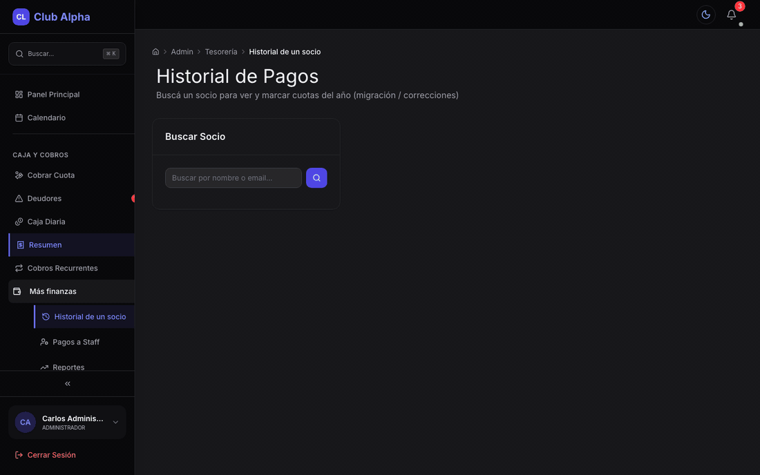 Historial de pagos de un socio en Club Pulse.