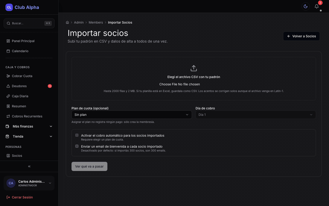 Importación masiva de socios en Club Pulse con preview y validación.
