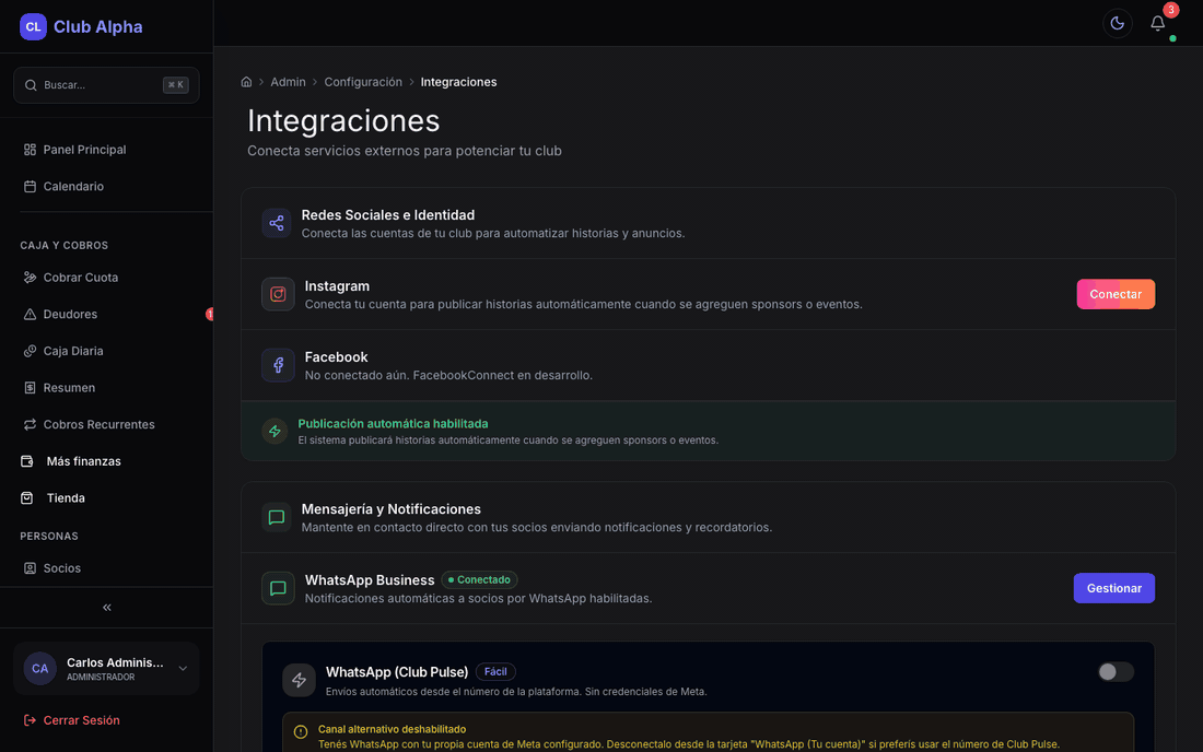 Panel de Integraciones de Club Pulse con Instagram, WhatsApp y MercadoPago.