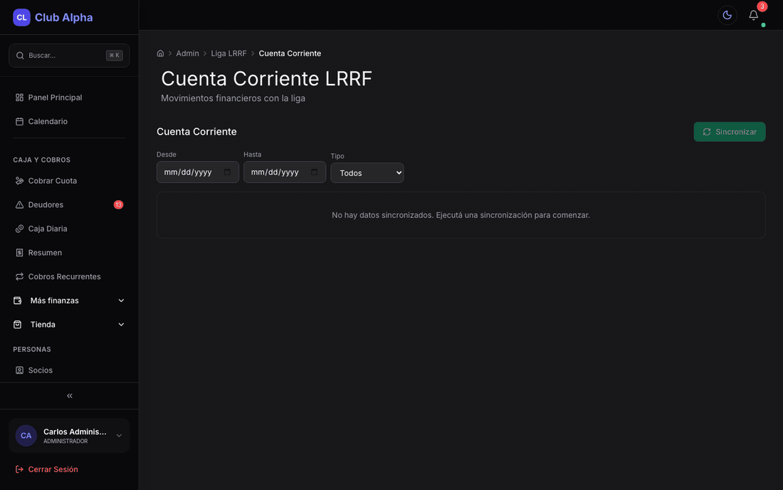 Cuenta corriente LRRF en Club Pulse con movimientos de la liga.