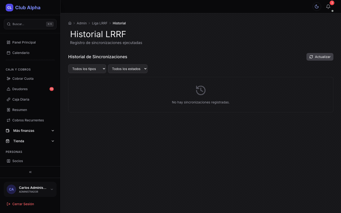 Historial LRRF en Club Pulse con sincronizaciones ejecutadas.