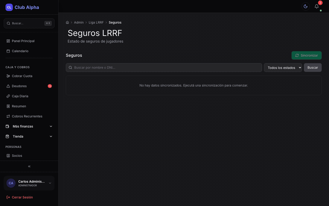 Seguros LRRF en Club Pulse con estado por jugador.