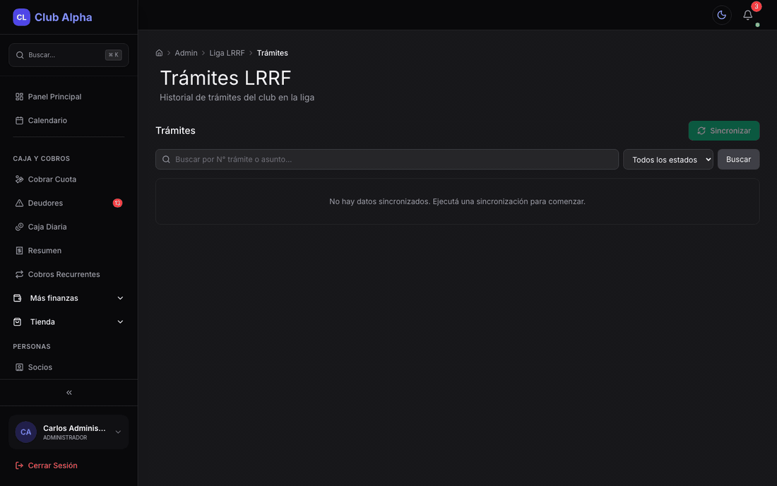 Trámites LRRF en Club Pulse con historial de la liga.