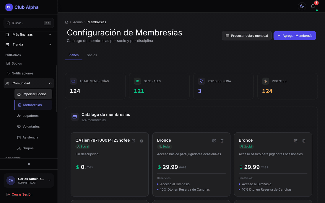 Panel de membresías de Club Pulse con los planes y suscripciones activas del club.