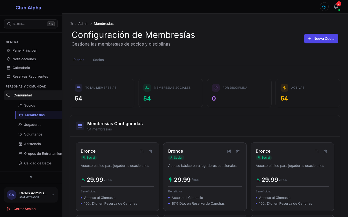 Panel de membresías de Club Pulse con los planes y suscripciones activas del club.
