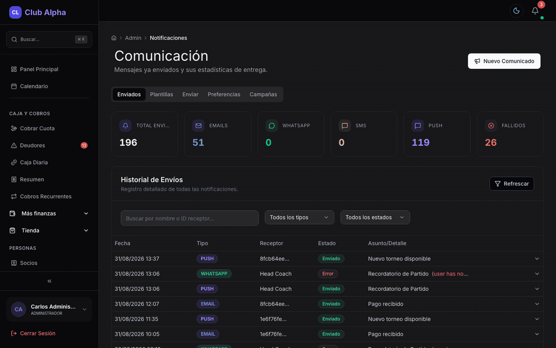 Centro de comunicación de Club Pulse con historial de notificaciones y plantillas.