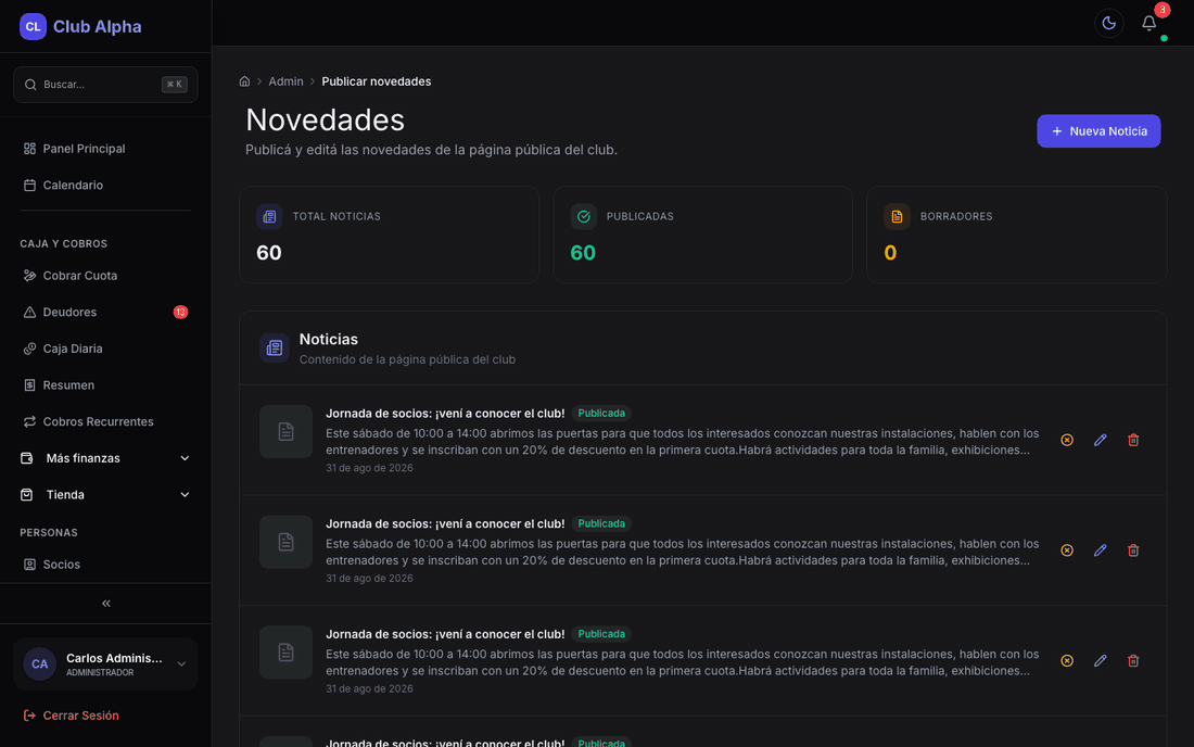 Publicación de novedades en Club Pulse.