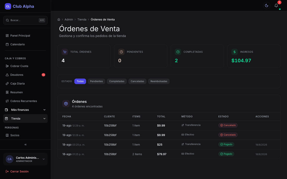 Órdenes de venta de la tienda en Club Pulse.