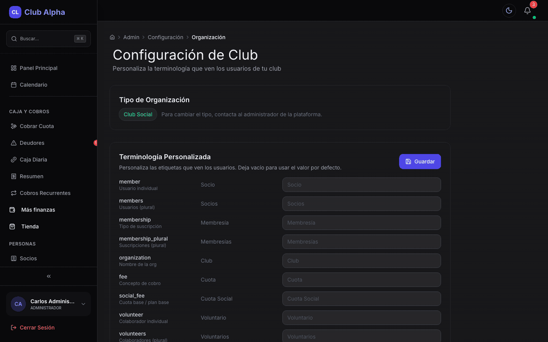 Configuración de organización en Club Pulse.