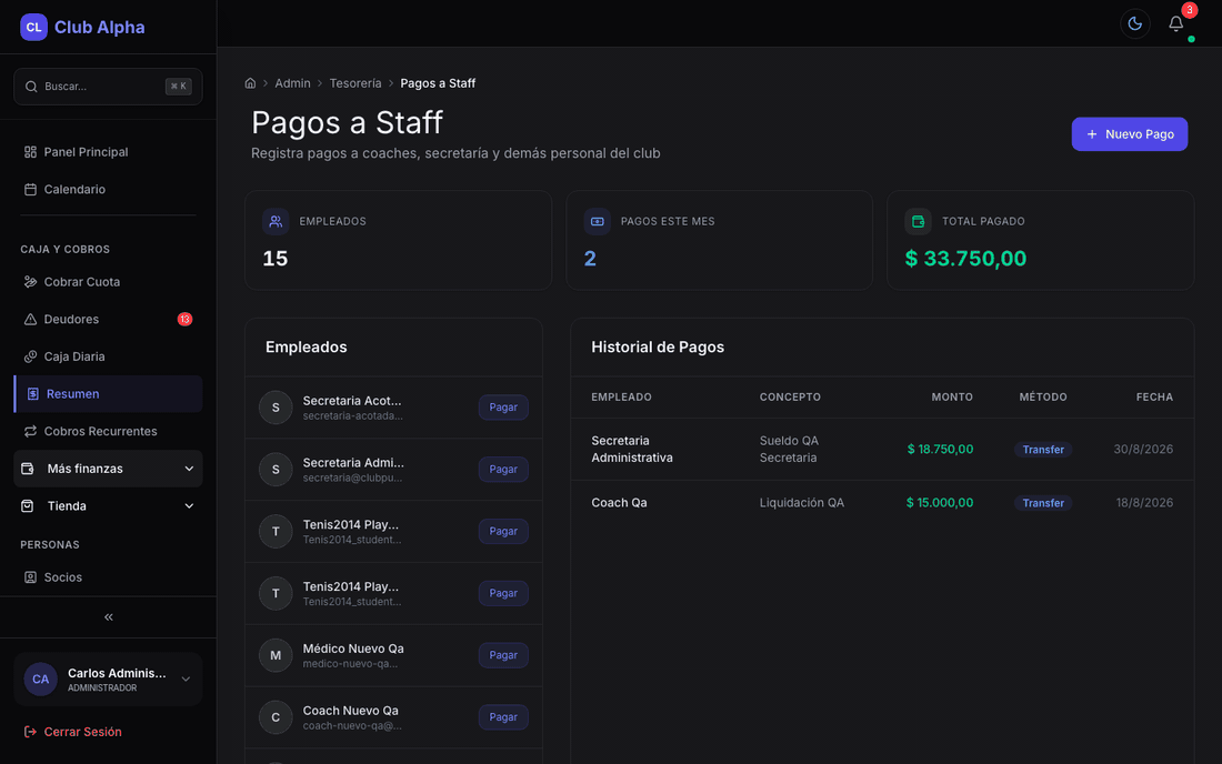 Pagos a Staff en Club Pulse con historial de liquidaciones al personal del club.