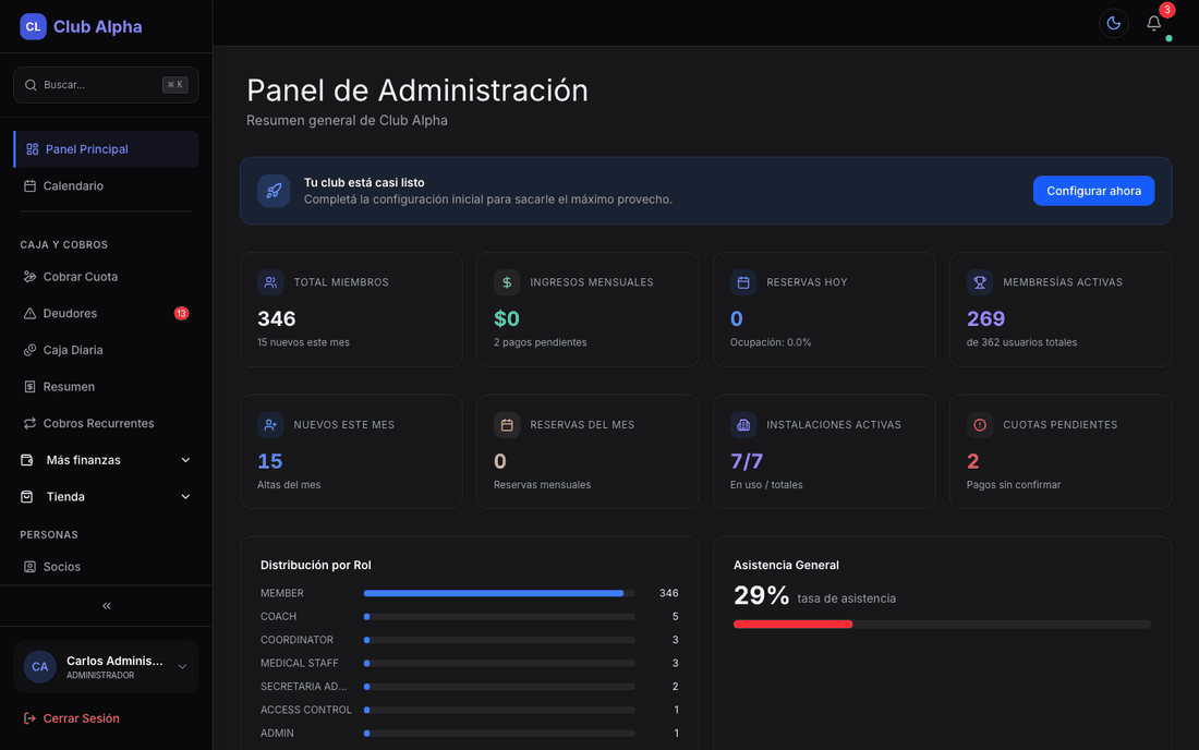 Panel de administración de Club Pulse con KPIs, actividad reciente y accesos rápidos.