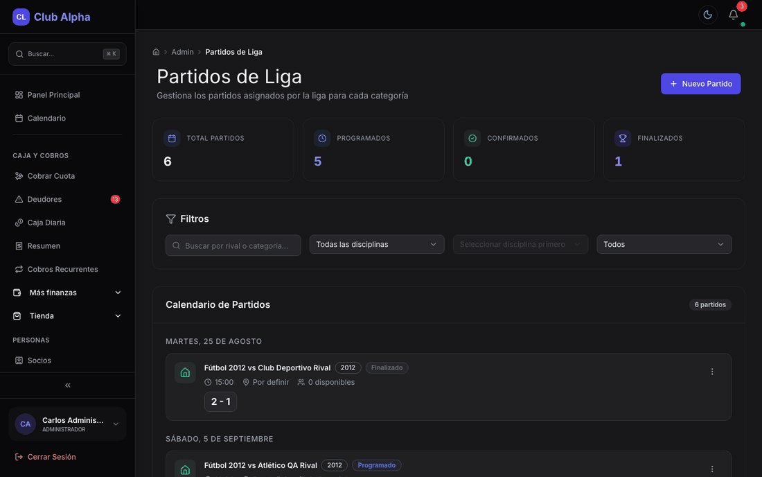 Partidos de liga en Club Pulse con fixture y resultados.