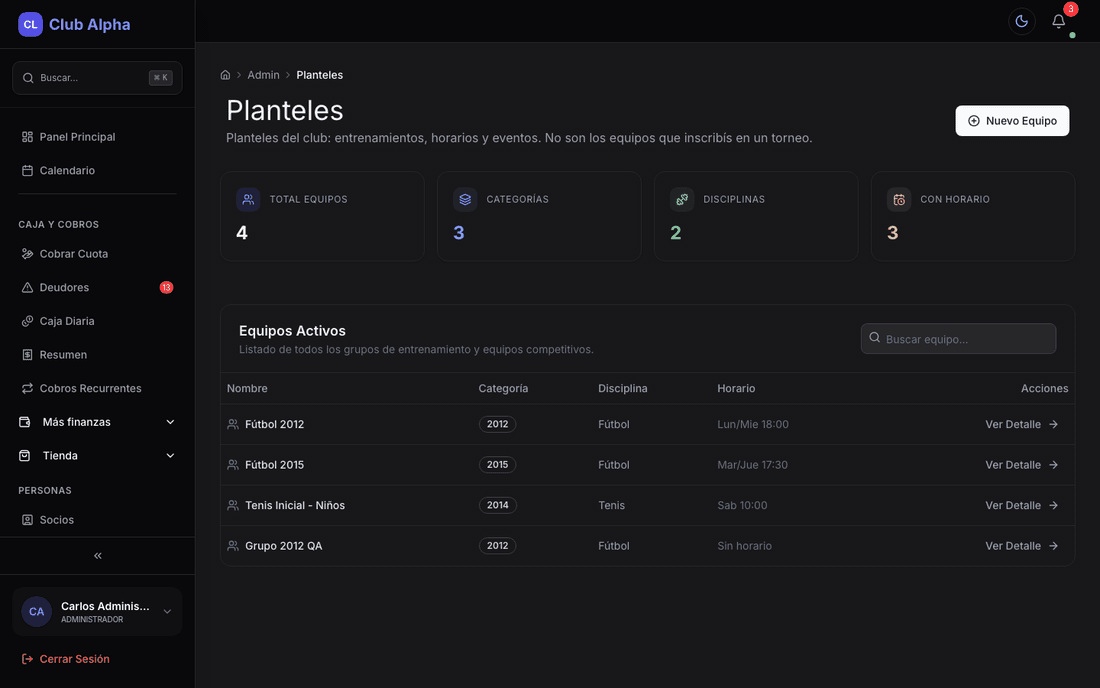Planteles del club en Club Pulse con jugadores por categoría.