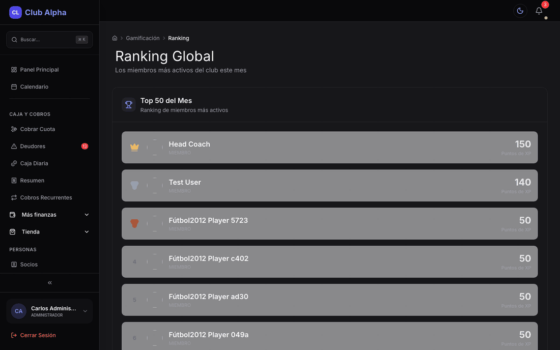 Ranking de gamificación del club en Club Pulse.