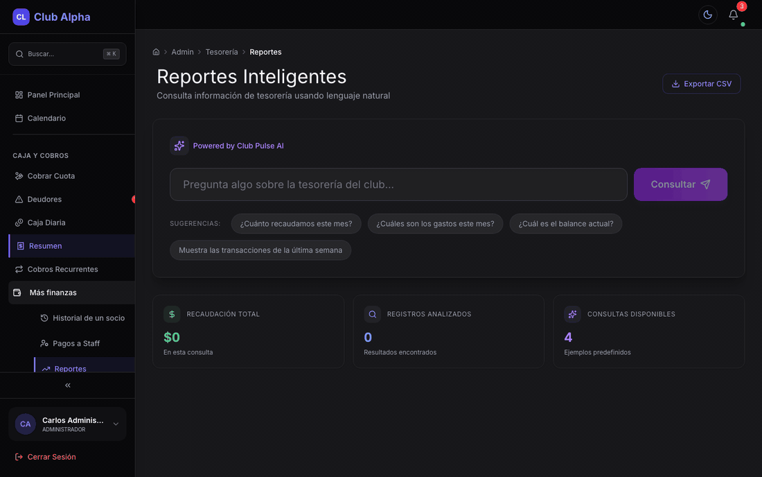 Reportes inteligentes de tesorería en Club Pulse.
