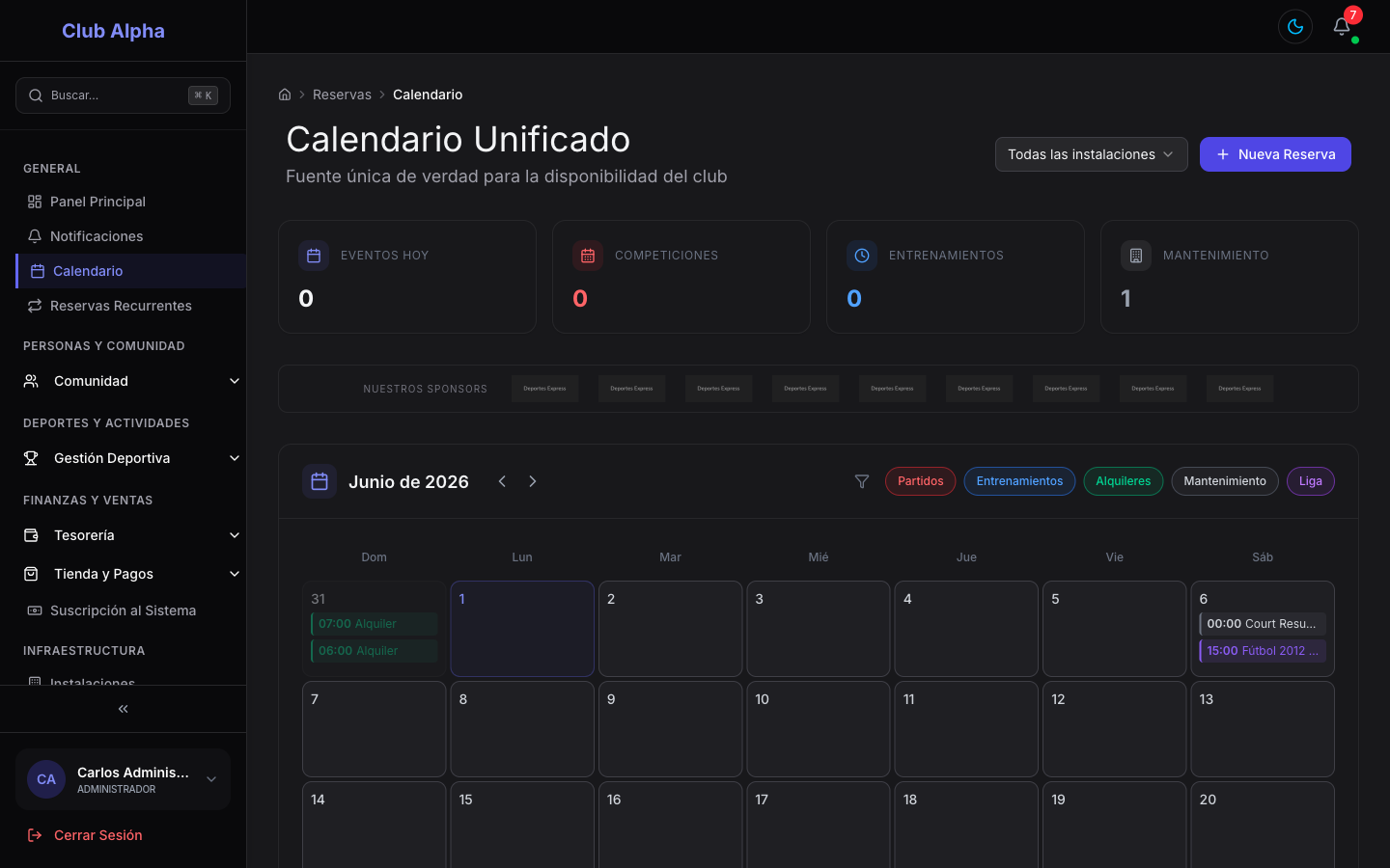 Calendario de reservas de Club Pulse con las reservas del club por instalación y franja horaria.