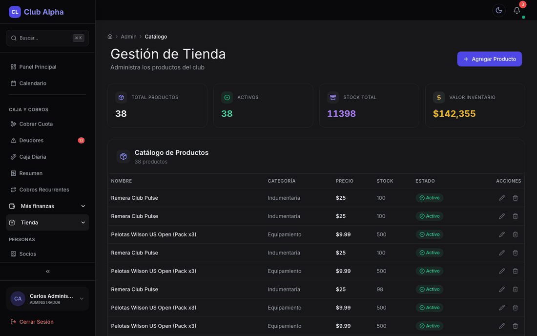 Panel de Tienda y Stock de Club Pulse con el catálogo de productos del club.
