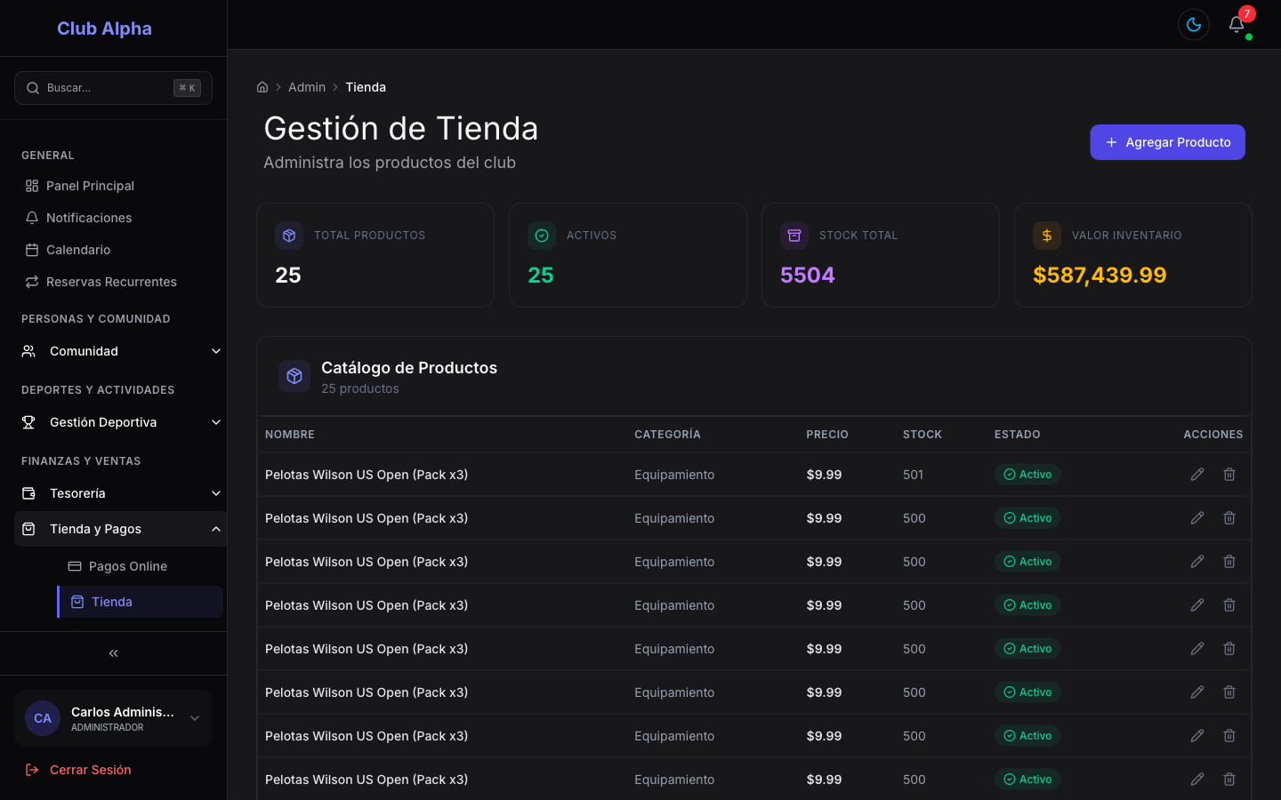 Panel de Tienda y Stock de Club Pulse con el catálogo de productos del club.