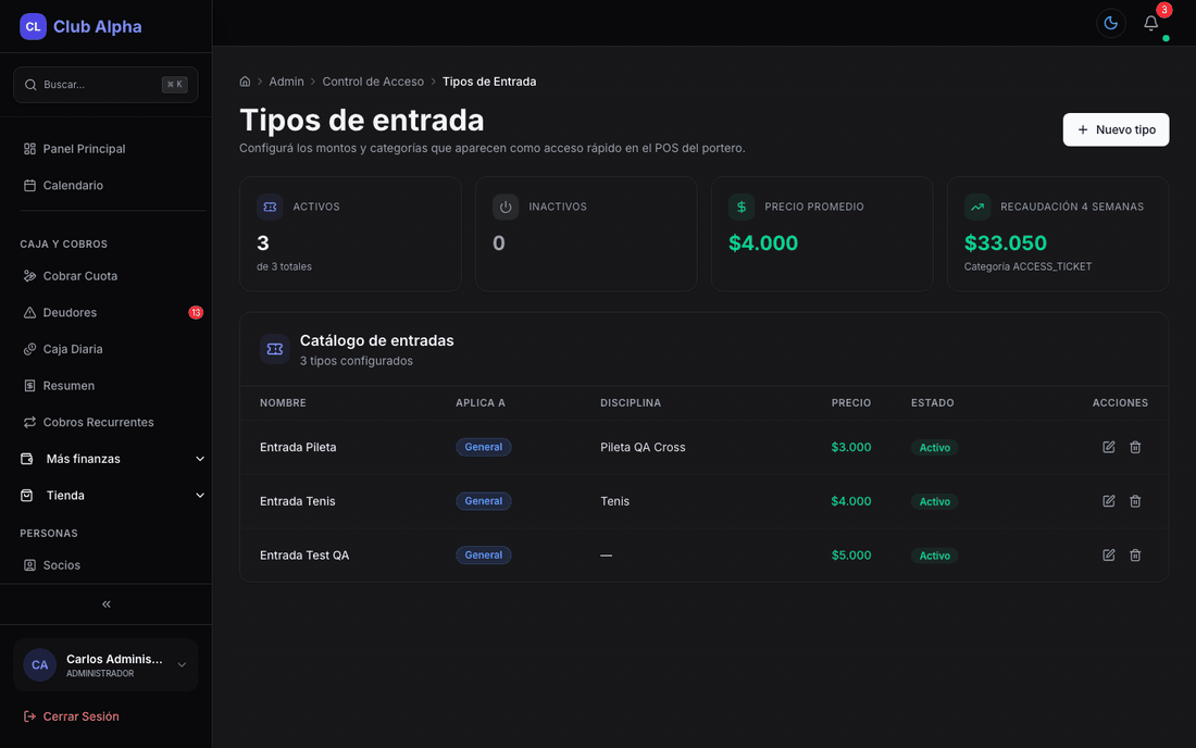 Tipos de entrada en Club Pulse con tickets de acceso.