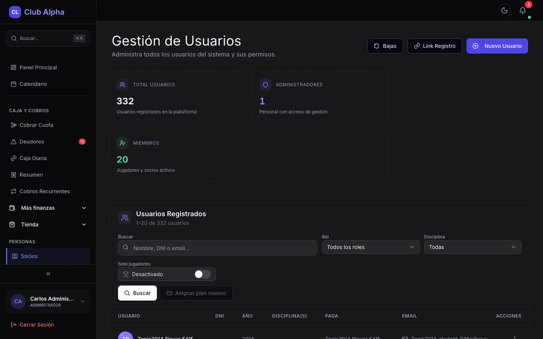 Listado de usuarios del club en Club Pulse con filtros por rol y estado.