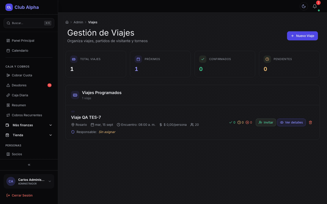 Gestión de viajes en Club Pulse con delegaciones deportivas.