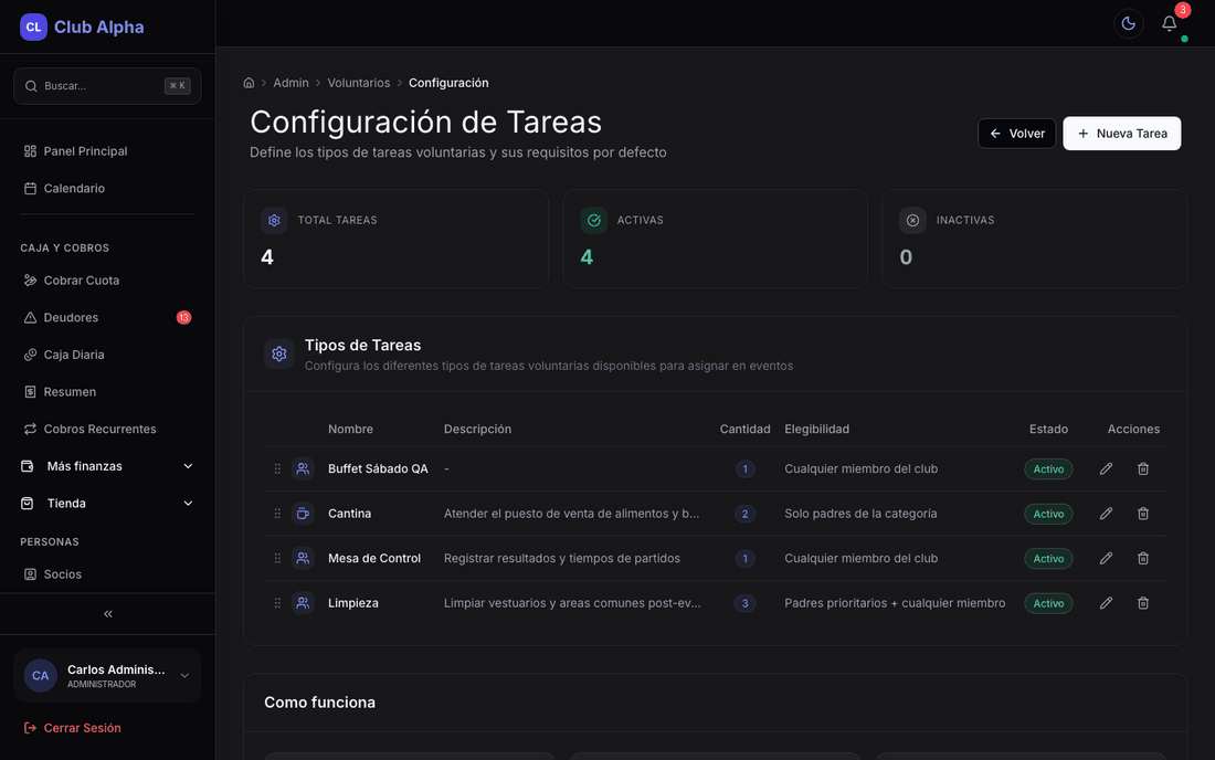 Configuración de tareas de voluntarios en Club Pulse.