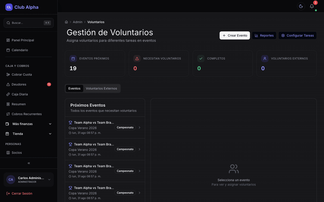 Gestión de voluntarios en Club Pulse con eventos e inscripciones.