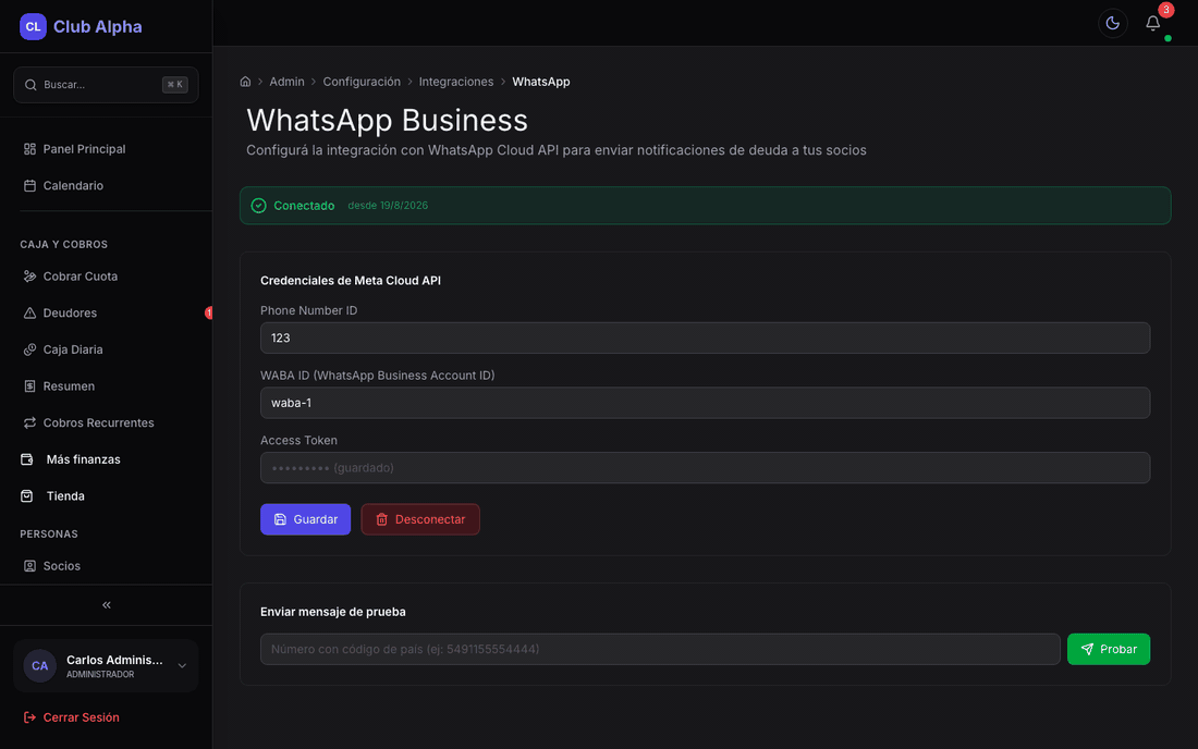 Configuración WhatsApp Business en Club Pulse con credenciales Meta Cloud API.