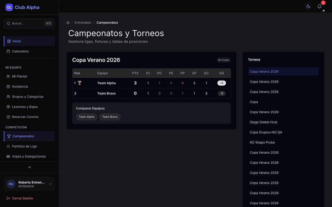 Campeonatos y torneos del entrenador en Club Pulse con fixture y resultados.