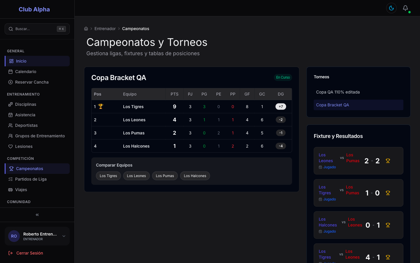 Campeonatos y torneos del entrenador en Club Pulse con fixture y resultados.