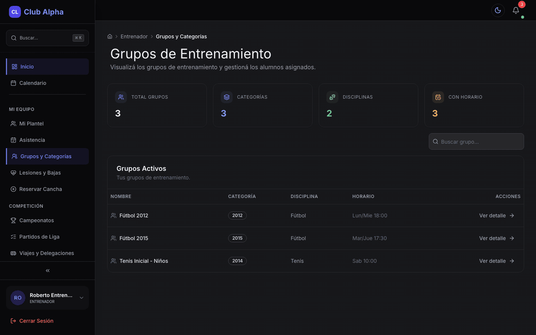 Grupos y categorías del entrenador en Club Pulse con planteles por disciplina.