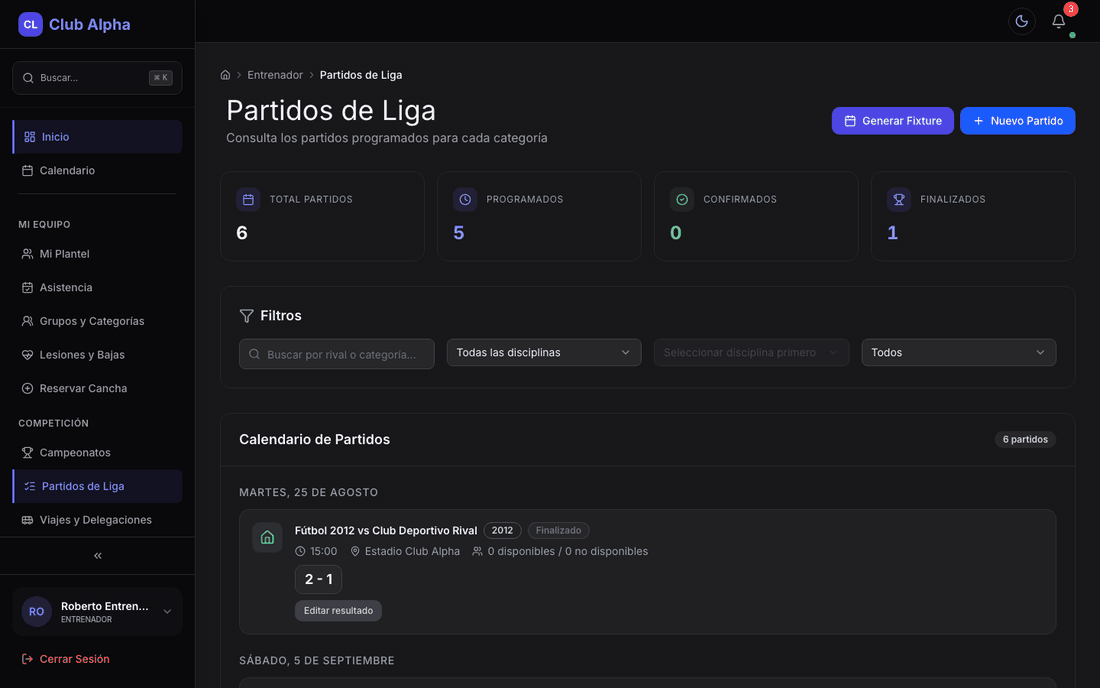 Partidos de liga del entrenador en Club Pulse con fixture y resultados.