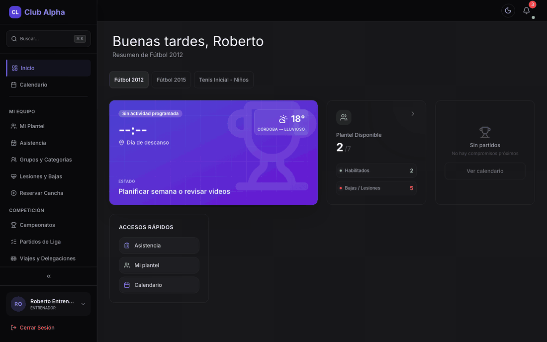Panel del entrenador en Club Pulse con el estado del plantel: habilitados y bajas/lesiones.