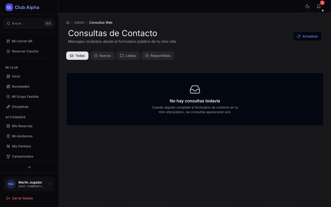 Bandeja de consultas web del Community Manager en Club Pulse.