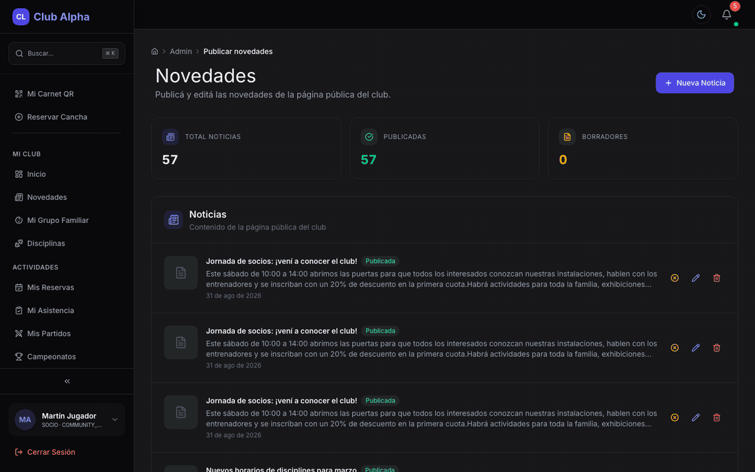 Publicación de novedades del Community Manager en Club Pulse.