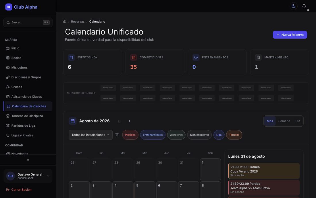 Calendario de canchas del coordinador en Club Pulse.