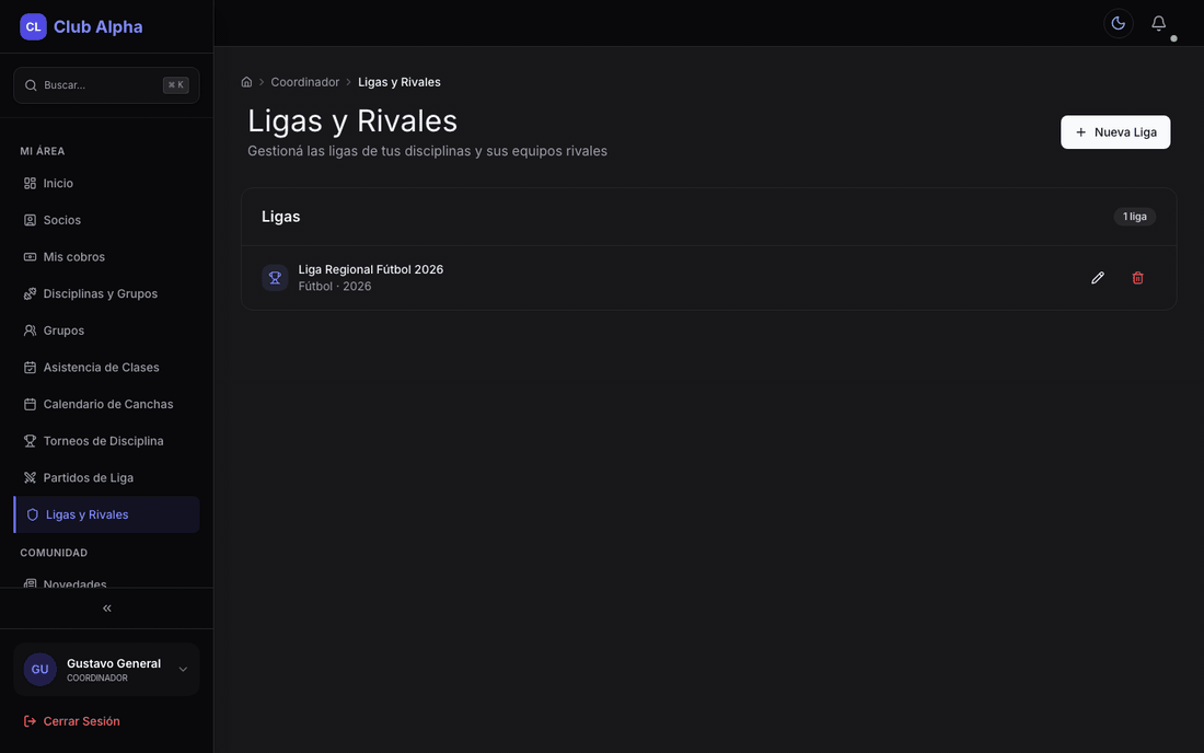 Ligas y rivales del coordinador en Club Pulse con catálogo de competencias externas.