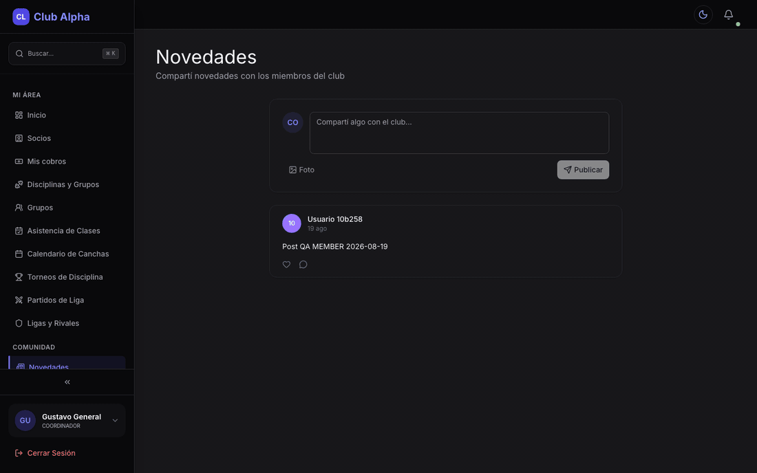 Feed de novedades del coordinador en Club Pulse con noticias del club.